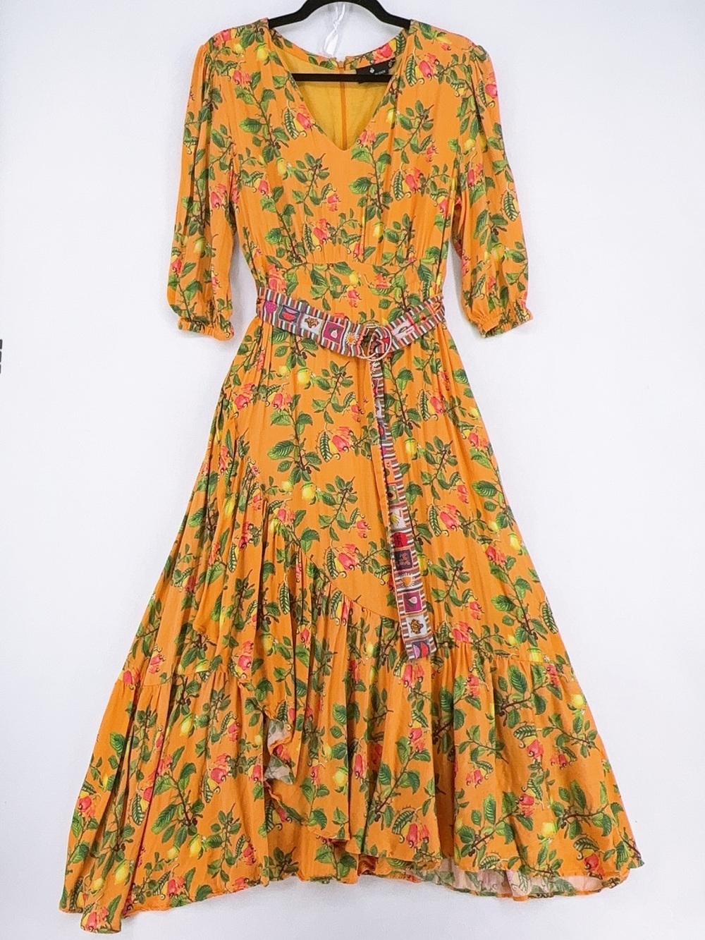 Emily Lovelock Orange Fruit Print V-Neck Midi Dress size m